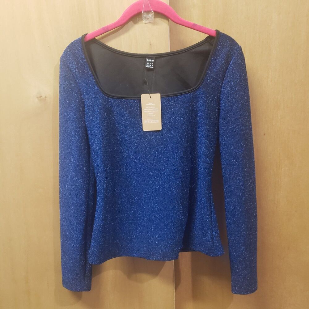 NWT SHEIN Royal blue glitter fabric long-sleeve top w square neck line Sz 6 YYY